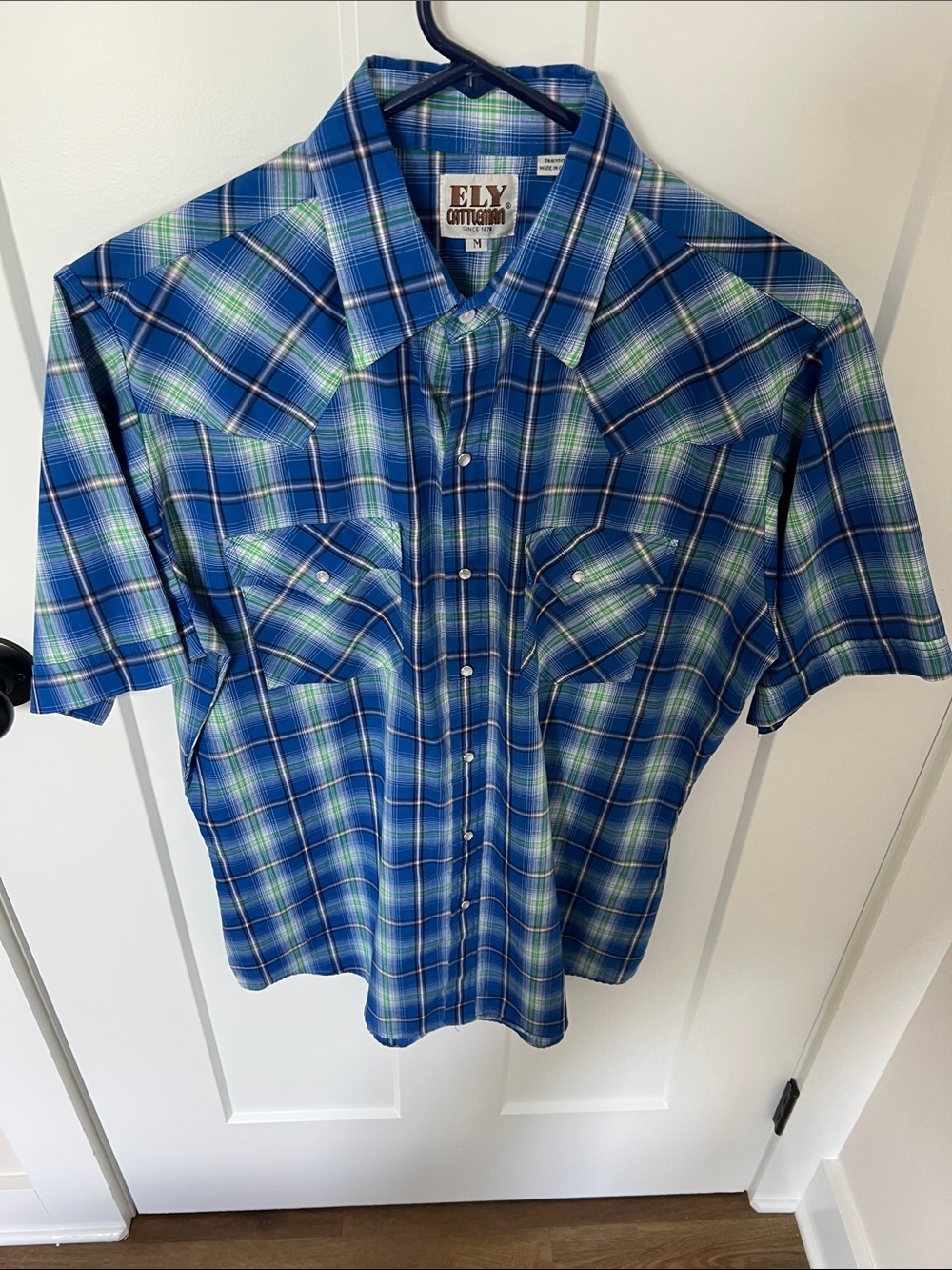 Ely Cattleman Blue Green Plaid Western Pearl Snap Shirt Mens M